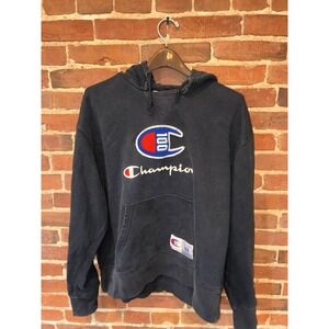 Champion 100 Year Anniversary Hoodie Black Big Logo Sweatshirt Men XL